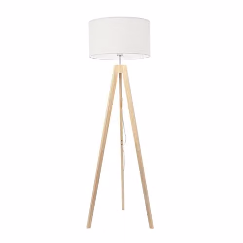 ValueLights Jackson Natural Wood Tripod Floor Lamp with White Fabric Cylinder Shade, H 150 x W 45 x D 45 cm – 2