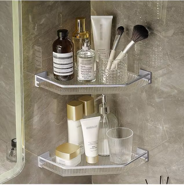Living and Home Acrylic Corner Shower Caddy, Adhesive Wall Mounted Bathroom Shelf Organizer in Silver and Transparent
