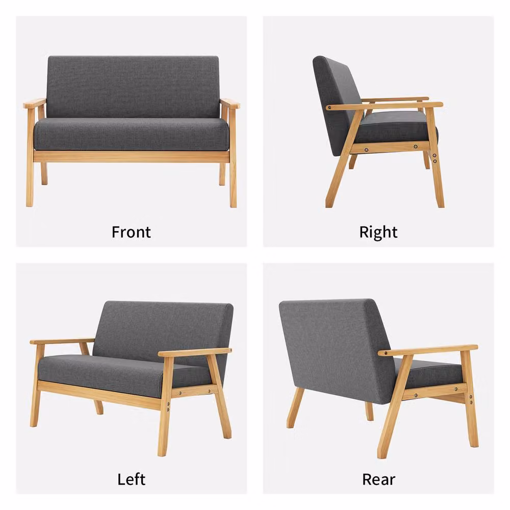 Dprodo 2 Seater Mid-Century Linen Fabric Sofa with Solid Wood Frame in Grey, W/D/H: 140 x 76 x 76 cm – 4
