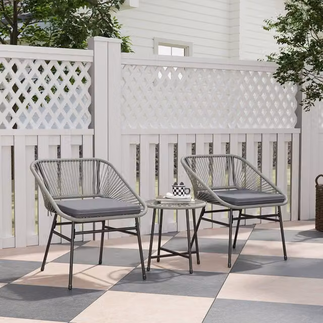 Outsunny Modern Garden Bistro Set with Round Glass Table and 3 Chairs in Grey