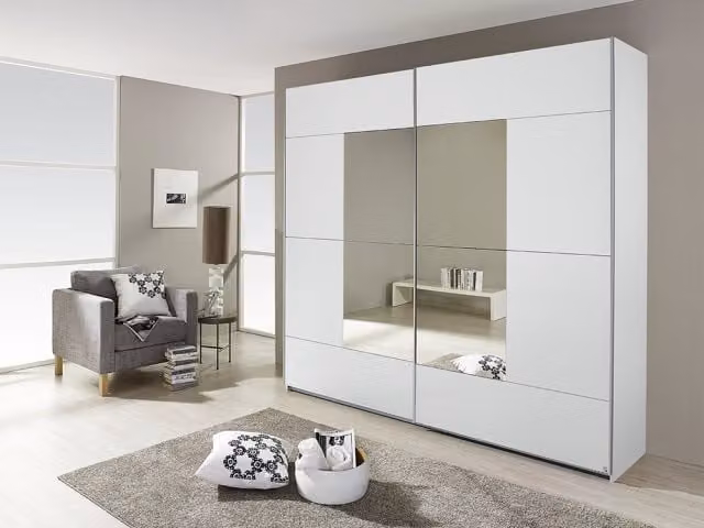 Rauch Kira Large Double Wardrobe with Sliding Mirrored Doors in White Glossy Finish W/D/H: 218 x 59 x 210 cm