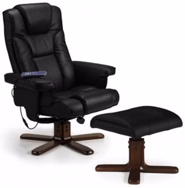 Ashfield Black Faux Leather Reclining Swivel Massage Chair with Footstool and Walnut Wood Accents – 1