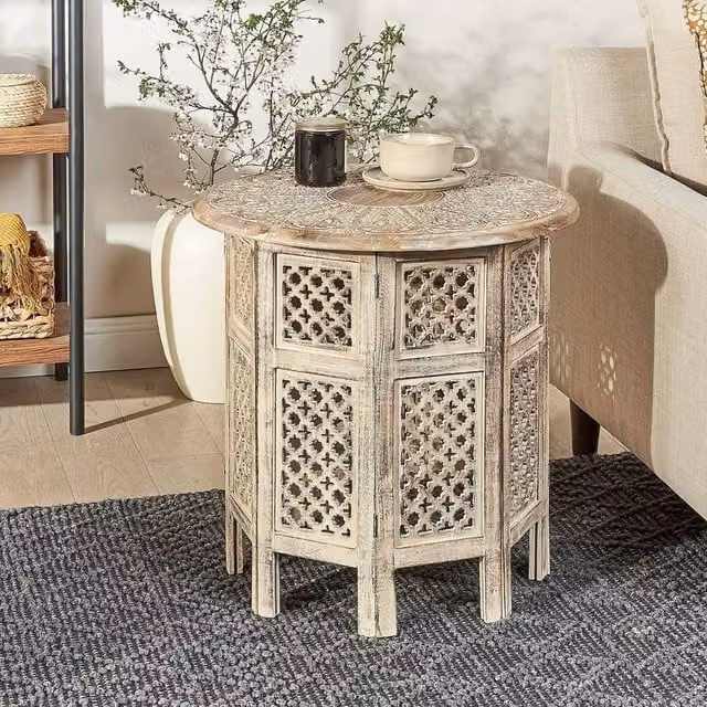Wyld and Coco Mango Wood Side Table in Brown with Round Top and Octagonal Geometric Base, Diameter: 53 cm