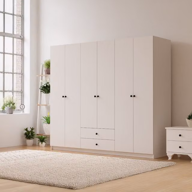 EVUHOME Modern White 6 Door 2 Drawer Wardrobe with Hanging Rod, H 180 cm x W 180 cm x D 45 cm