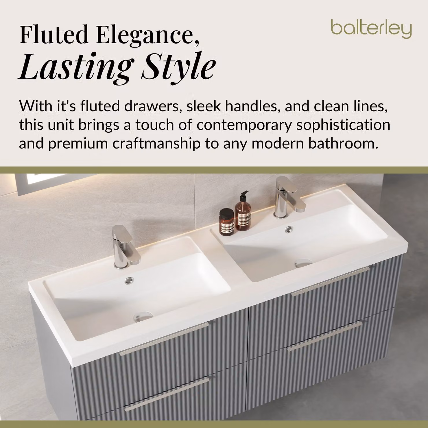 Balterley Fluted Wall Hung 4 Drawer Vanity Basin Unit and Basin, Satin Grey, Width: 120 cm – 2
