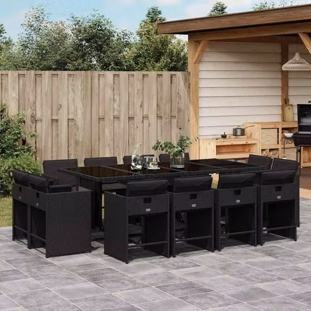Berkfield Home Garden Modern Black Polyrattan Dining Set with Glass Top and Foldable Design