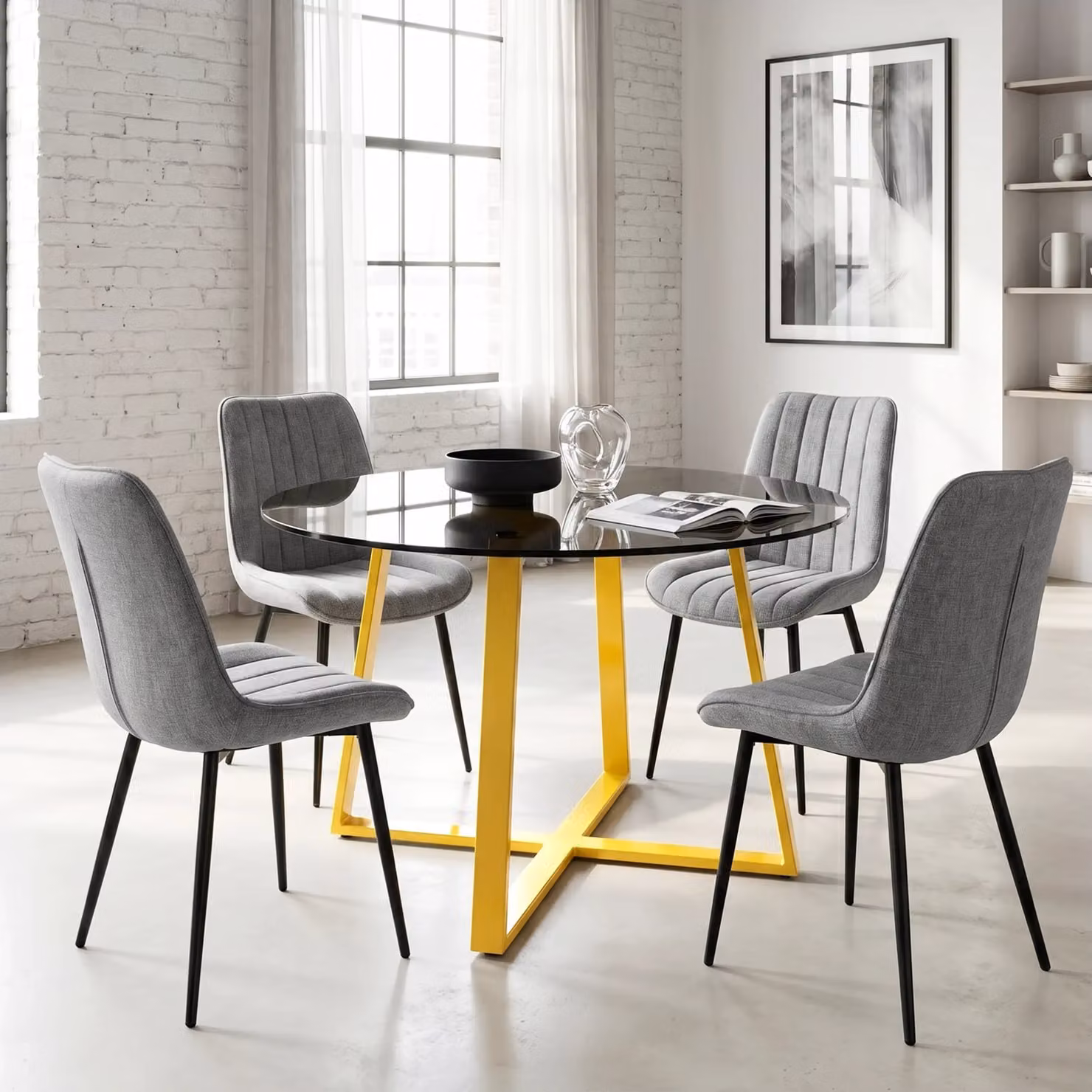 DHS Round Tinted Glass Dining Table Set with 4 Chairs in Grey, Beige or Blue, Diameter: 110 cm