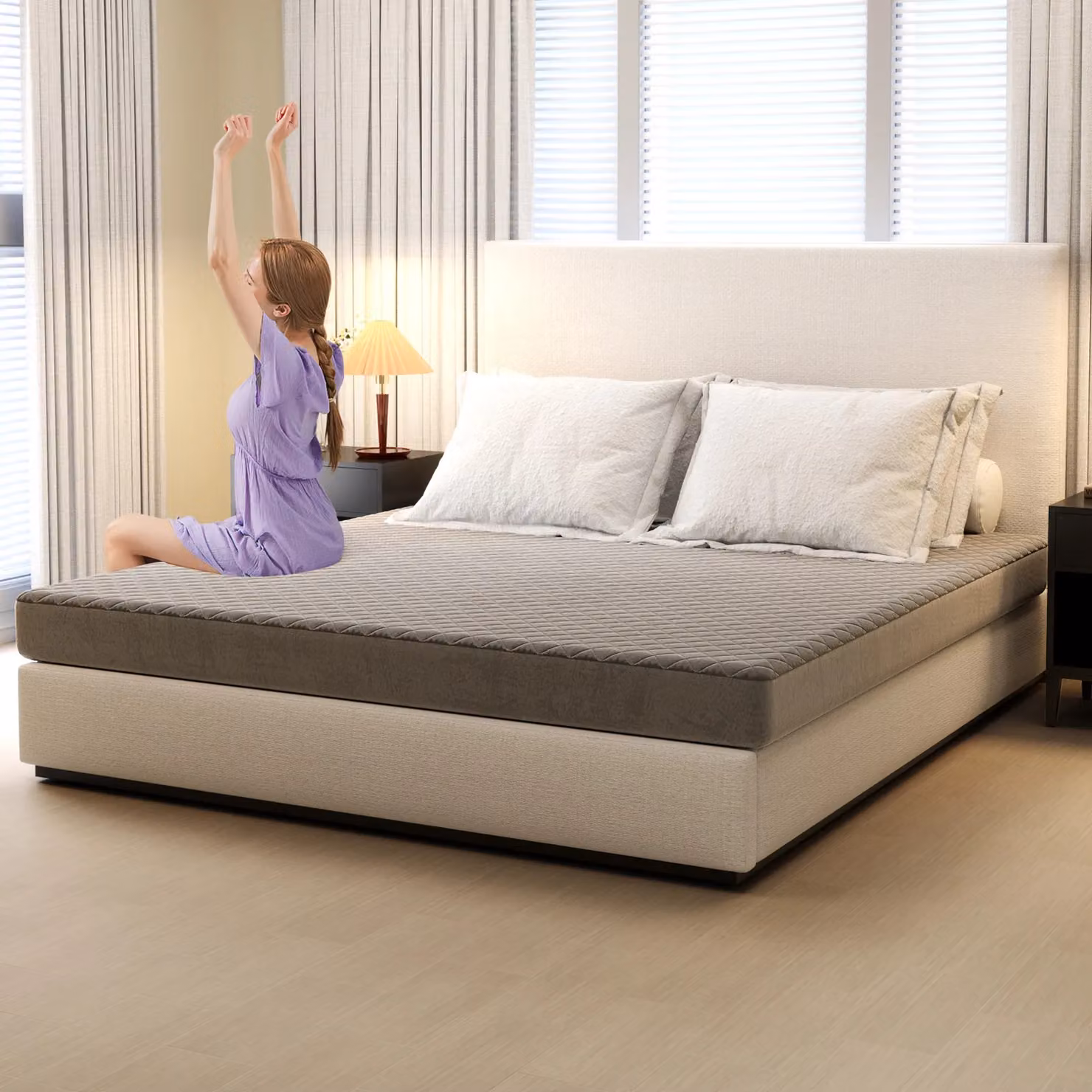 Gymax Super King Size Velvet Mattress Topper in Grey, W/D: 200 x 200 cm – 3