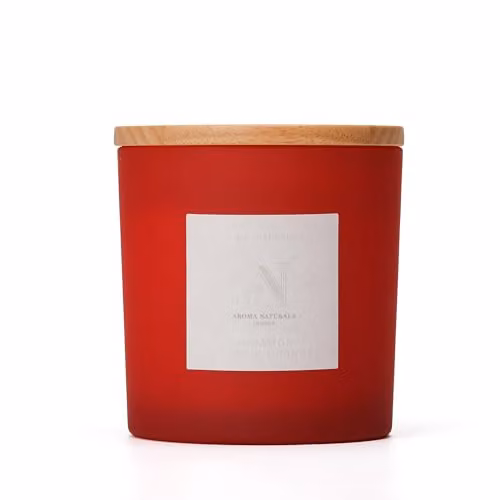 Aroma Naturals Frosted Scented Candle in Red and Brown, Spicy Fruity Gourmand Fragrance in a Glass and Wood Jar