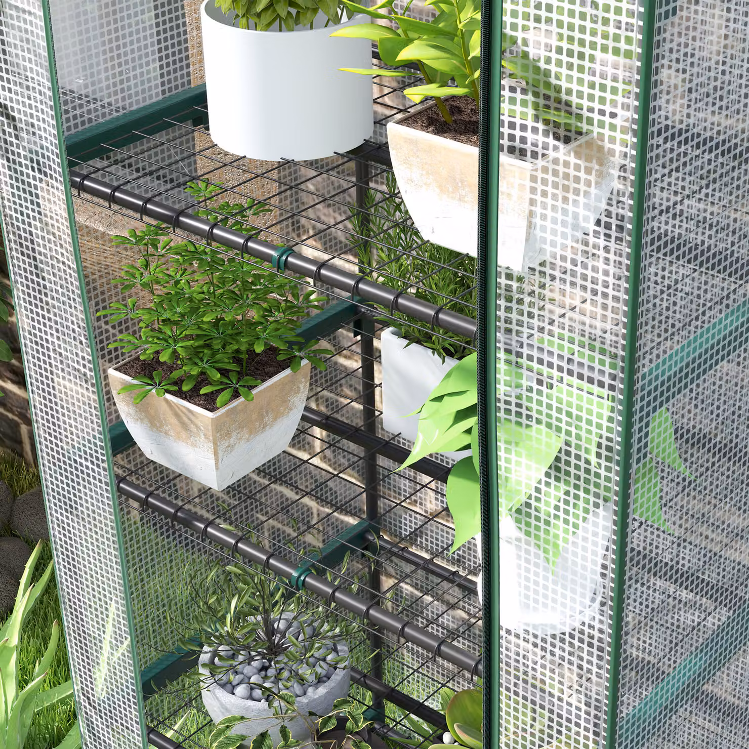 Outsunny Five Shelf Mini Freestanding Greenhouse with Roller Shelving in White, H: 193 cm, W: 69 cm, D: 60 cm – 6