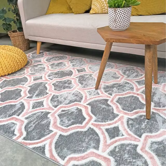 The Rug House Modern Geometric Area Rug in Pink and Grey, W: 230 cm, D: 160 cm