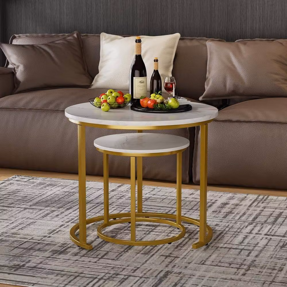 Huhote Round Nesting Coffee Tables Set of 2 with White Marble Finish Tops and Gold Metal Frames – 3