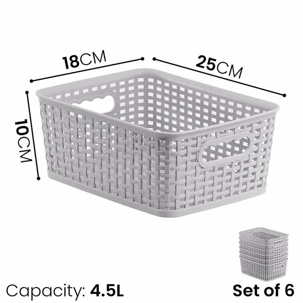 Nordara Set of 6 Stackable Open Weave Plastic Storage Baskets with Handles in Grey – 2