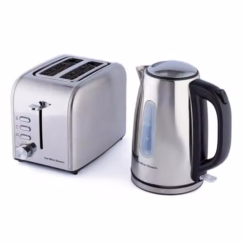 Hamilton Beach Kettle and 2-Slice Toaster Set in Polished Stainless Steel Silver, 1.7L Kettle with Rapid Boil and Boil Dry Protection, Toaster with 6 Browning Settings, Defrost, Reheat and Cancel Functions