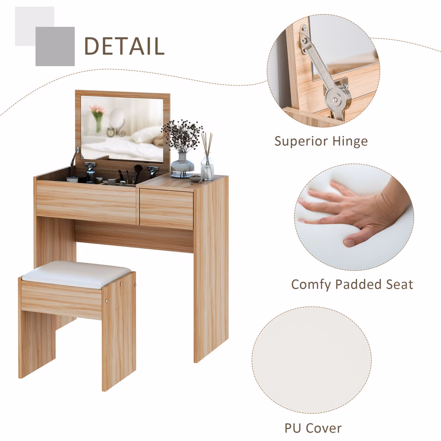 HOMCOM Dressing Table Set with Cushioned Stool and Flip-up Mirror in Brown Wood Grain Finish – 3