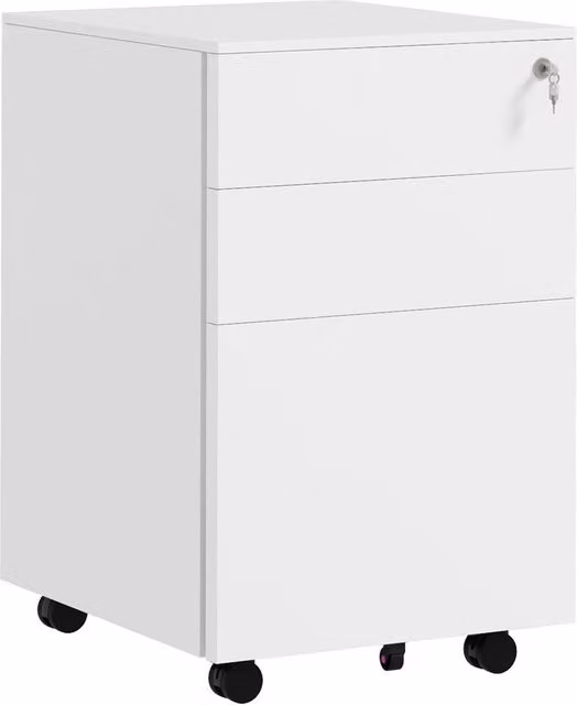 Rolipo Lockable 3-Drawer Steel Mobile Filing Cabinet with Pencil Tray in White