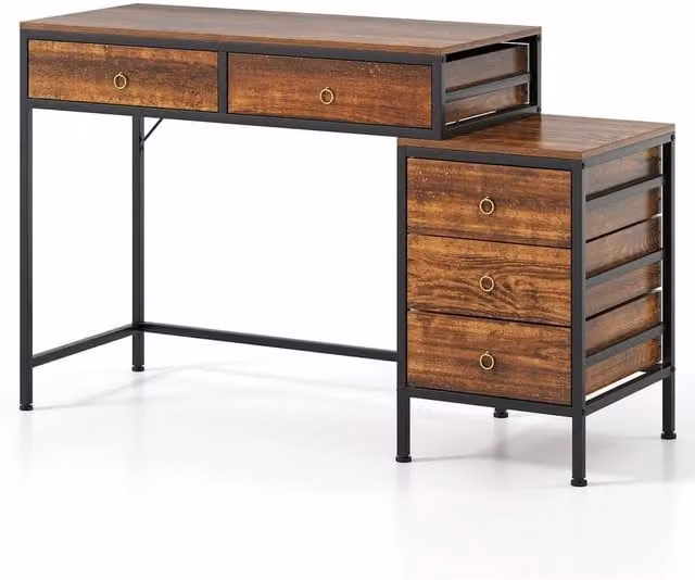 Havendro Industrial Wood Computer Desk with 5 Drawers in Brown and Black – 1