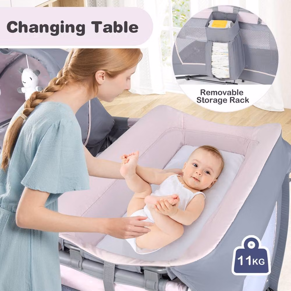 CASART Foldable Nursery Center Bassinet and Baby Playard with Diaper Changing Table in Grey and Multicolour – 3