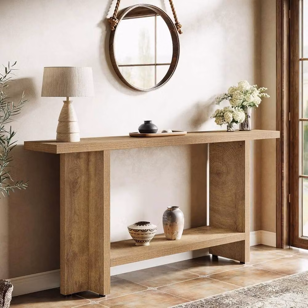 VOGREX 2-Tier Narrow Farmhouse Entryway Console Table in Beige, W/D/H: 150 x 30 x 80 cm – 3