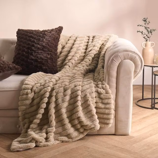 OHS Faux Fur Ribbed Fleece Throw Blanket in Taupe, W: 200 cm, D: 240 cm