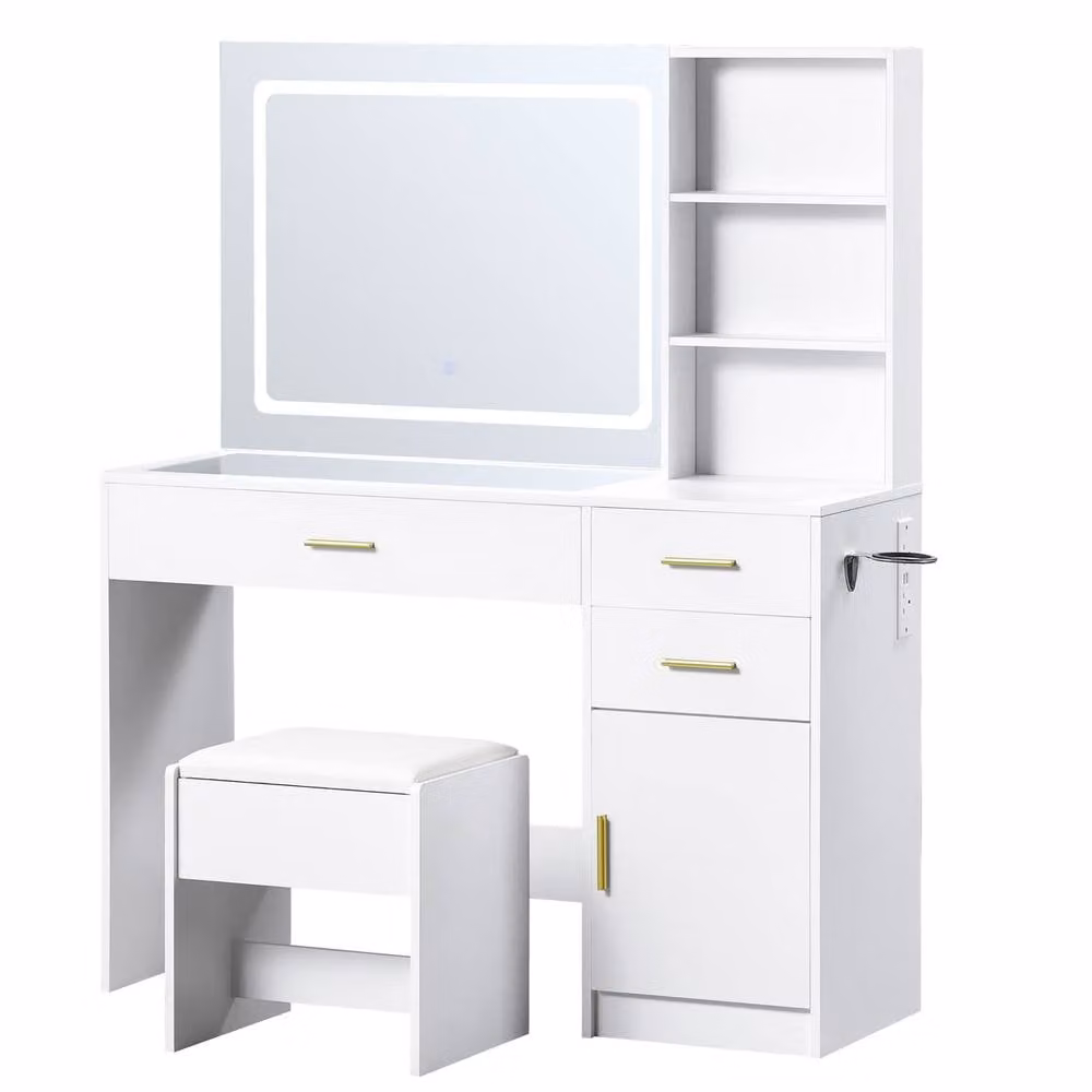 Home Discount Vida Designs Clova LED Dressing Table with 3 Drawers, 1 Door and 2 Shelves in White – 2