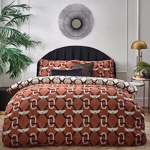 Furn Avalon Reversible Art Deco Geometric Duvet Cover and Pillowcase Set in Red and White, W/D/H: 230 x 230 x 180 x 200 cm