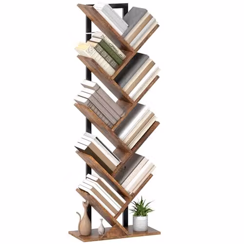 HOMCOM 9-Tier Industrial Corner Tree Bookshelf with Steel Frame and MDF Shelves, Brown
