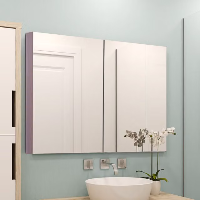 Kleankin Modern Wall Mounted Double Door Bathroom Mirrored Cabinet with Internal Shelves in Brown and White