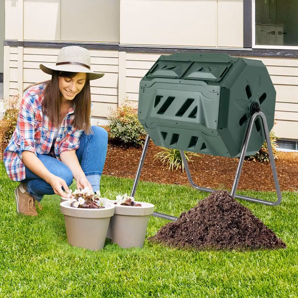 Costway Dual Chamber Composting Tumbler 160L 360 Degree Rotatable Compost Bin in Green and Black – 3