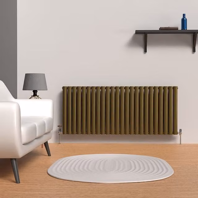 Lux Heat Oval Horizontal Double Radiator in Antique Brass, W: 144 cm, H: 60 cm