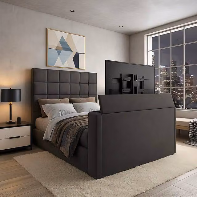 Paradise Beds Ltd Royal Upholstered Dream Sleep TV Bed with Ottoman Lift Storage, Grey, W/D/H: 180 x 200 cm