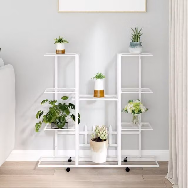 Berkfield Home White Iron Flower Stand with Wheels, W/D/H: 24.5 x 24.5 x 91.5 cm