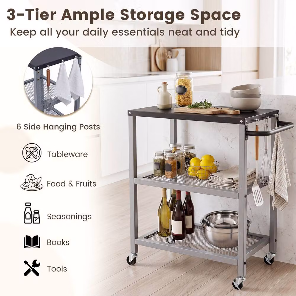 Costway 3-Tier Rolling Metal Kitchen and Garden Utility Cart with 6 Hanging Posts in Silver – 6
