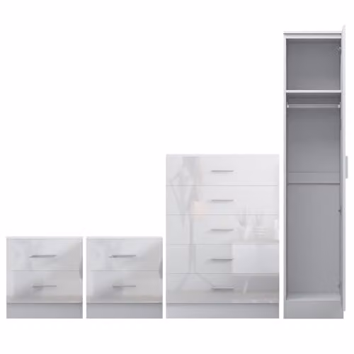 Reflect Modern Bedroom Furniture Set in White Gloss and Matt White Finish, including 1 Door Wardrobe, 5 Drawer Chest, and 2 Bedside Tables – 2