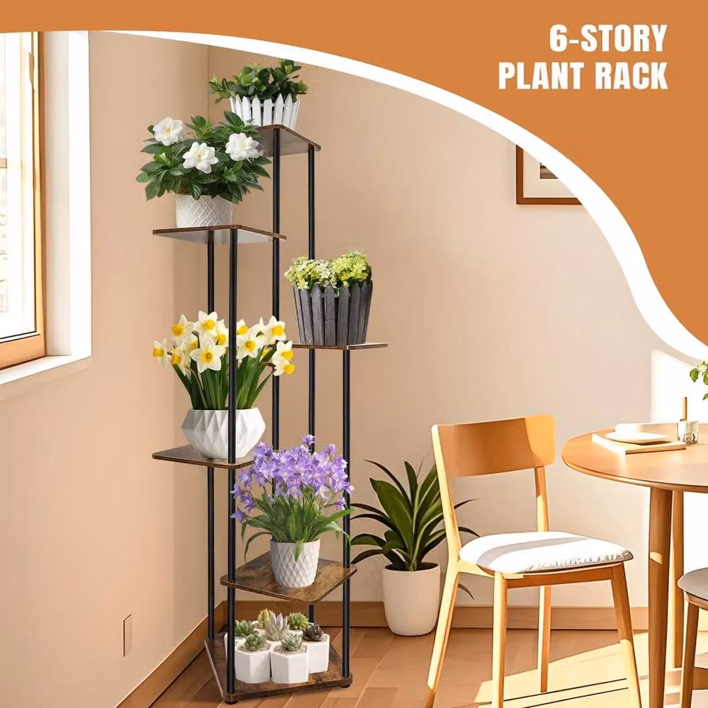 EONLION 6-Tier Metal and Wood Ladder Plant Stand in Brown, H 132 x W 30 x D 30 cm – 2