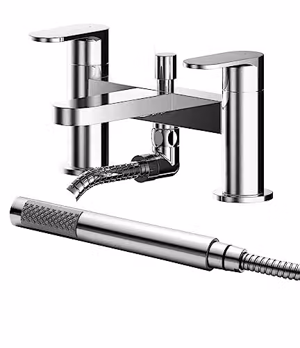 nuie BIN304 Binsey Modern Round Deck Mounted Bath Filler Tap with Lever Handles and Shower Kit, Chrome