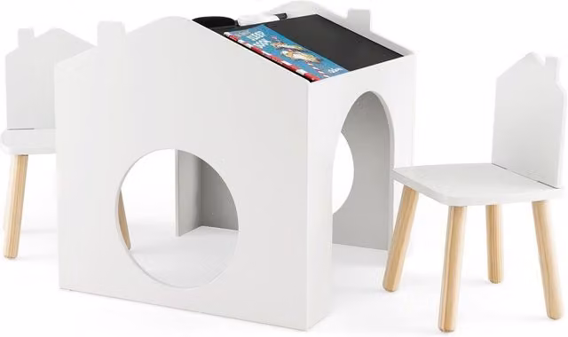 COSTWAY Kids Table and Chair Set with Tilting Top and Chalkboard, White
