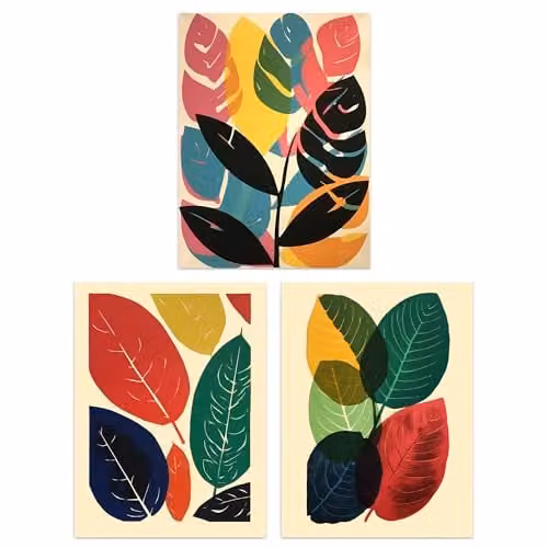 Artery8 Set of 3 Abstract Botanical Leaf Paper Poster Prints, Multicolour Boho Graphic Wall Art – 1