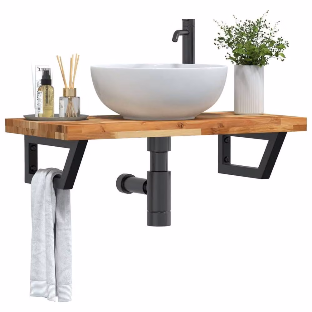 Berkfield Home Elegant Wall Mounted Basin Shelf in Brown Acacia Wood and Black Steel – 2