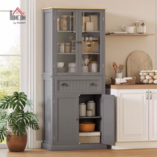 HOMCOM Grey Freestanding Tall Kitchen Cupboard with Glass Doors and Drawers, W: 45.8 cm, D: 40.0 cm, H: 182.5 cm – 2
