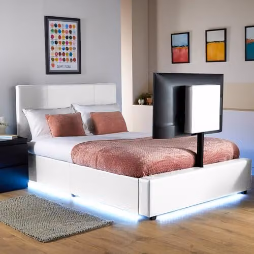 X-Rocker AVA White Faux Leather Small Double TV Bed with Rotating 55 inch TV Mount, Underbed RGB LED Lighting and Storage W/D/H: 120 x 200 x 108 cm