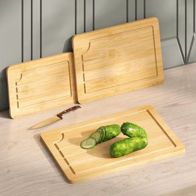 Toque Set of 3 Reversible Rectangular Bamboo Cutting Boards and Serving Platters with Groove in Light Brown and Yellow