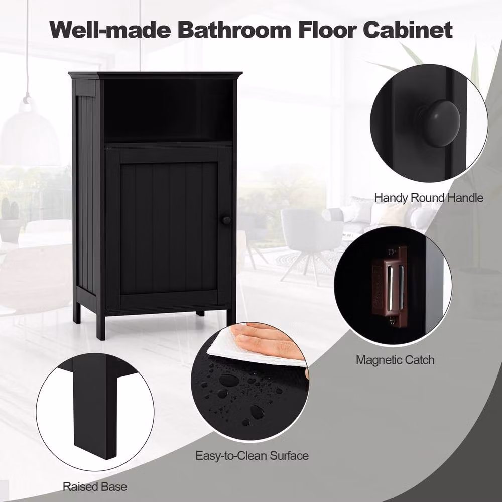 Gymax Black Lacquered Freestanding Bathroom Floor Cabinet with Single Hinged Door and Internal Shelves – 8