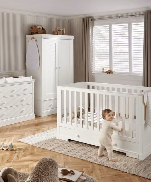 Mamas & Papas Oxford 3 Piece Cotbed Range with Dresser Changer and Wardrobe in White