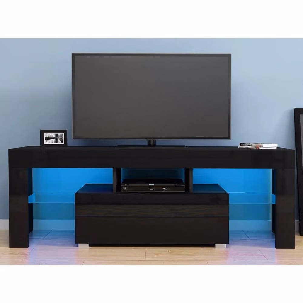 KORVIXA Modern Glossy Black TV Unit Stand with Integrated Lighting and Media Compartments, W/D/H: 100 x 100 x 100 cm – 2