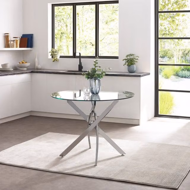 Julian Bowen Anderson Round Glass Dining Table with Silver X-Frame