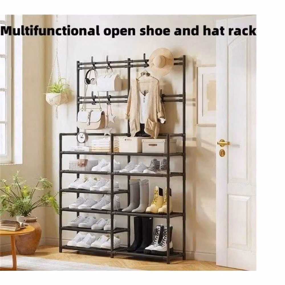 FLAVORA 10-Tier Space-Saving Shoe Rack with Coat Hooks in Black – 2