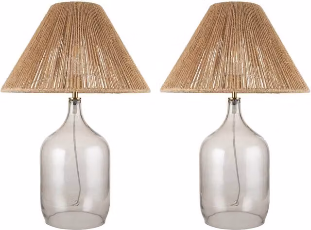 First Choice Lighting Kew Set of 2 Smokey Tinted Glass Table Lamps in Grey with Natural Rattan Shades – 1