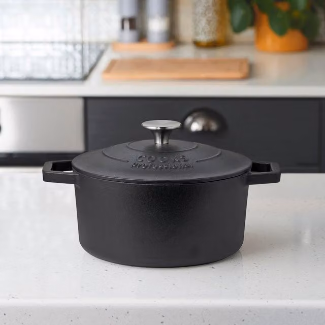 Cooks Professional Black Enamel Cast Iron Round Casserole Dish, 21 cm