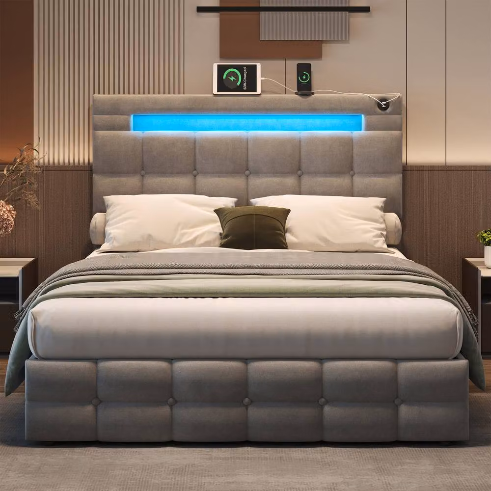 Matteo Grey Velvet Double Ottoman Bed Frame with LED Lighting and USB Charging Port, W/D/H: 140 x 200 cm – 2